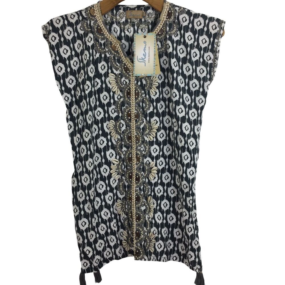 Skemo Kids Ikat Shell Tassle Embroidered Sleeveless Beads String Short Kaftan 10